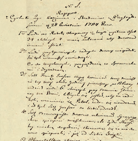 Z dokumentu Księga raportów tygodniowych składanych magistratowi m. Krakowa przez dozorców cyrkułów krak.
w sprawach policyjnych i ze stanu kasy wpis ze zbiorczym raportem wójta cyrkułowego Jana Nepomucena Wisłockiego
z roku 1794 (Archiwum Narodowe w Krakowie, sygn. rkps 1301, s. 203)