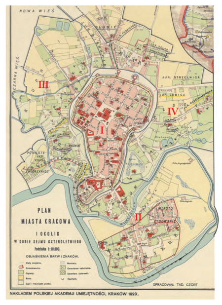 Podział miasta na 4 cyrkuły w latach 1792 oraz 1794 na Planie miasta Krakowa i okolic w dobie Sejmu Czteroletniego,
opracowanym przez Tadeusza Czorta, wydanym w 1926 r. Podstawa rysunku granic cyrkułów: vide s. 80
(Biblioteka Jagiellońska, sygn. 106 V Atl.)