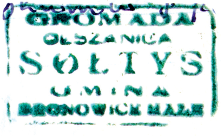 (1941)Odciski pieczęci urzędowych Olszanicy
z lat 1847, 1858, 1925, 1941
(Archiwum Narodowe w Krakowie,
sygn. WM 563a, nlb.; sygn. T.Schn. 1176,
s. 409; sygn. PUZKr 54, nlb.;
sygn. 29/219/15, nlb.)