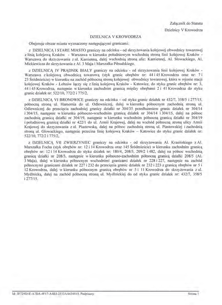Z oryginału uchwały nr XCIX/1499/14 Rady Miasta Krakowa z dnia 12 marca 2014 r.
w sprawie organizacji i zakresu działania Dzielnicy V Krowodrza w Krakowie
(Statut Dzielnicy V Krowodrza)