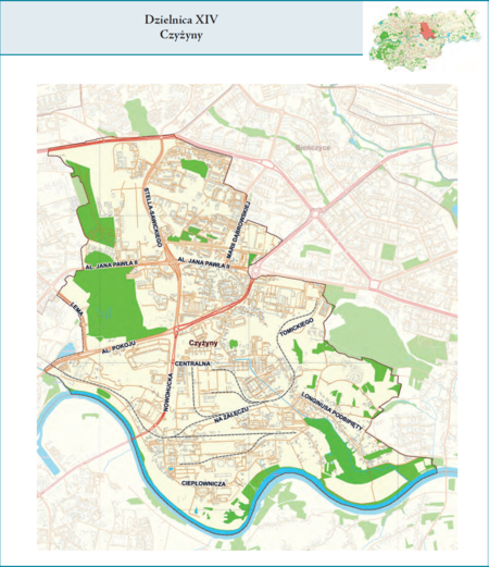 Dzielnica XIV Czyżyny według stanu z 2017 r. na przywołanym wcześniej planie miasta z tego samego roku – dzielnica samorządowa
o powierzchni 12,26 km² (udział 3,75% w całej powierzchni miasta), położona na terenach historycznych jednostek katastralnych:
Czyżyny i Łęg, po części także Rakowice i Dąbie, fragmentami Prądnik Czerwony Bieńczyce, Mogiła i Płaszów
(vide plan na s. 239). Opis przebiegu granic tej dzielnicy podano na następnej stronie.
