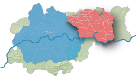 Etap II:
poszerzenie granic w 1951 roku
Na planie obrazującym dzisiejsze granice Krakowa powierzchnia miasta do roku 1951 (kolor niebieski) oraz tereny przyłączone do miasta
w tymże roku (kolor czerwony). Przyłączone tereny stały się kolejnymi gminami katastralnymi Krakowa: LIII. Mogiła
z Kopańcem i Kępą Przewozu; LIV. Bieńczyce (część Bieńczyc włączono do Krakowa już wcześniej, w 1941 roku); LV. Mistrzejowice;
LVI. Zesławice z Dłubnią; LVII. Kantorowice; LVIII. Krzesławice; LIX. Grębałów; LX. Lubocza; LXI. Wadów; LXII. Pleszów
z Kujawami; LXIII. Ruszcza; LXIV. Branice z Chałupkami, Holendrami i Wolą Rusiecką.