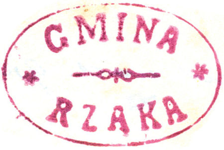 (1926)
Odcisk pieczęci gminnej Rżąki z 1926 roku
oraz pochodzący z dokumentu wystawionego
w 1551 roku odcisk w czerwonym wosku pieczęci
konwentu św. Ducha w Krakowie
z charakterystycznym dla tego zgromadzenia
podwójnym krzyżem – duchacy byli właścicielami
Rżąki w wiekach XIV–XVIII
(Archiwum Narodowe w Krakowie,
sygn. 29/1077/4, s. 9a; sygn. perg. 585)