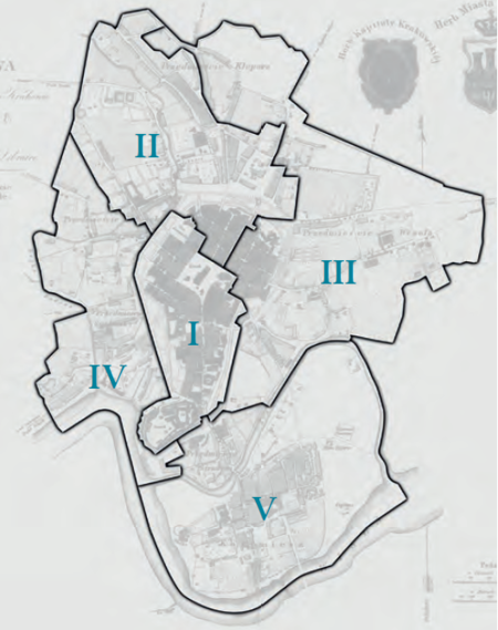 Plan konturowy podziału na cyrkuły–obwody w latach 1838–1855
według stanu na rok 1838 na podkładzie planu miasta
przedstawionego w pełnym kształcie na s. 394