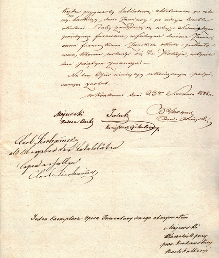 Z akt Wydziału Spraw Wewnętrznych i Policji Wolnego Miasta Krakowa z lat 1816–1848
końcowy fragment sporządzonego w 1848 r. dokumentu Opis Inwentaryzacyjny Lokalu
dla C.K. Bióra Rachuby w Domu No 309 przy Ulicy Wiślnej z podpisem komisarza Terleckiego
(Archiwum Narodowe w Krakowie, sygn. WMK VI-3, s. 1027)