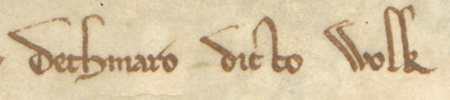 Powiększenie fragmentu aktu lokacyjnego z 1257 roku – oraz powiększenie zapisu imienia wójta
(Archiwum Państwowe w Krakowie, sygn. perg. 2)