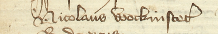 Z najstarszej zachowanej księgi radzieckiej Kazimierza obejmującej lata 1369–1381:
fragment wpisu dokumentującego wybór rajców na rok 1371, z Mikołajem Wokenstraterem starszym w składzie –
zbliżenie zapisu imienia (Archiwum Narodowe w Krakowie, sygn. K 1, s. 96)