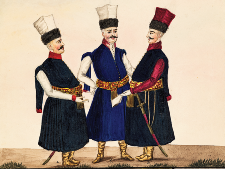 (078) Z tzw. Tek Grabowskiego niesygnowane i niedatowane przedstawienie uniformów
– obywatelskich mundurów szlacheckich poszczególnych województw Rzeczypospolitej Obojga
Narodów w drugiej połowie XVIII w. – od lewej strony mundury obywatelskie województw:
krakowskiego, poznańskiego i wileńskiego (MUJ, nr inw. 7769 )