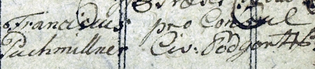 Z księgi ślubów Liber Copulatorum z lat 1784–1800 parafii św. Józefa w Podgórzu: wpis z 1789 roku poświadczający zawarcie
związku małżeńskiego między Marcinem Pileckim de Okocim a Marianną Okońską (córką Tomasza, byłego wójta podgórskiego),
czemu świadkował Franciszek Buchmiller, były już burmistrz Podgórza, tu określony tytularnie jako proconsul – oraz
zbliżenie fragmentu z zapisem imienia i urzędu (Archiwum parafii św. Józefa w Podgórzu, Liber Copulatorum, t. I, s. 14)