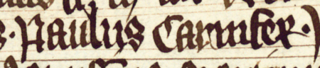 Z księgi radzieckiej Kazimierza obejmującej lata 1416–1433: fragment wpisu dokumentującego wybór rajców na rok 1429,
z Pawłem Gsuntchinem w składzie – zbliżenie zapisu imienia (Biblioteka Jagiellońska, sygn. rkps 1045/2, k. 190)
