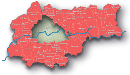 Na planie zakreślającym dzisiejsze granice Krakowa miejscowości przyłączone do Krakowa po 1915 roku,
oznaczone kolorem czerwonym określającym dla lat 1920–1929 ich przynależność do województwa krakowskiego
w ramach podziału terytorialnego II Rzeczypospolitej