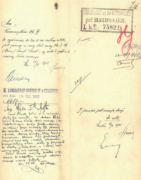 Z akt magistrackich Stróże nocni w dzielnicach przyłączonych 1910–1921 dokument
pochodzący z roku 1915 – odpowiedź udzielona przez zastępcę komisarza Jana Stanisława
Jankiewicza Wydziałowi I Magistratu w sprawie oceny pracy stróża nocnego
(Archiwum Narodowe w Krakowie, sygn. Kr 6800, nlb)