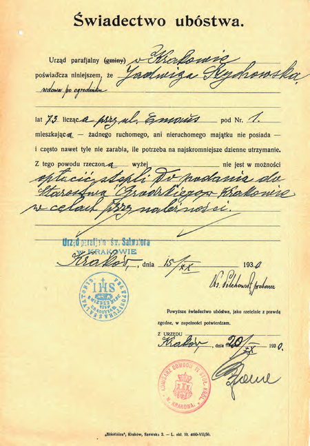 Z akt Sprawy obywatelstwa i przynależności do gminy miasta Krakowa wydane w 1930 r.
świadectwo ubóstwa wraz z potwierdzającą adnotacją komisarza Mariana Pary
(Archiwum Narodowe w Krakowie, sygn. Kr 2433, s. 2299)