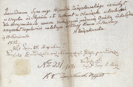 Z akt Zaświadczenia szkolne i metryki uczniów litera Z 1801–1900
dokument z roku 1832 dotyczący Hipolita Zajączkowskiego, ówcześnie licealisty,
20 lat później w magistrackiej służbie p.o. komisarza obwodowego
(Archiwum Narodowe w Krakowie, sygn. 29-482-211, s. 59)