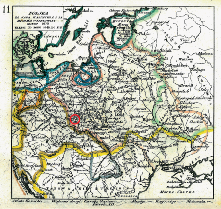 Mapa nr 11
Terytorium ziemi krakowskiej na mapie przedstawiającej państwo polsko-litewskie w dobie wojen drugiej połowy
XVII wieku i pierwszych lat XVIII stulecia, w tym potopu szwedzkiego; podany w tytule mapy rok 1673 był rokiem
śmierci Michała Korybuta Wiśniowieckiego i zwycięstwa wojsk polskich pod Chocimiem w wojnie polsko-tureckiej
