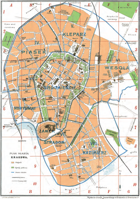 Plan miasta Krakowa z 1906 r., zwany „planem Jezierskiego”, z oryginalnie wyrysowanymi granicami dzielnic katastralnych. Ten podział miasta na dzielnice katastralne, wprowadzony w 1859 r., przetrwał do roku 1910 – do pierwszych przyłączeń do Krakowa sąsiednich gmin w ramach tworzenia Wielkiego Krakowa. W 1881 r. zmieniono nazwę
dzielnicy katastralnej I „Miasto właściwe” na nazwę „Śródmieście”. W tym samym czasie obowiązywał równoległy podział miasta na pomocnicze dzielnice administracyjne, którymi były 3 obwody miejskie: Obwód I obejmował południową część (z Rynkiem Głównym) dzielnicy katastralnej I Śródmieście oraz dzielnice katastralne III Nowy Świat i IV Piasek. Obwód II obejmował północną część dzielnicy I Śródmieście i dzielnice katastralne V Kleparz i VI Wesoła. Z kolei Obwód III obejmował tereny dzielnic katastralnych II Zamek, VII Stradom i VIII Kazimierz
(plan miasta ze zbiorów prywatnych)