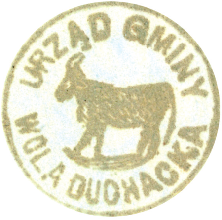 (1900)
Odcisk w laku pieczęci gromadzkiej Woli
Duchackiej z 1843 roku oraz odciski pieczęci
urzędowych z lat 1843, 1900 i 1938
(Archiwum Narodowe w Krakowie,
sygn. K. Krak. op. 83, s. 17; sygn. K. Krak.
op. 76, s. 4; sygn. Kr 7950, nlb.;
sygn. 29/1023/36, nlb.)