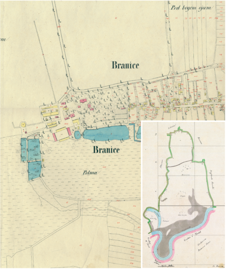 Fragment Branic na mapie katastralnej sporządzonej dla gminy katastralnej Branice w 1850 roku oraz pochodzący
z lat 1847–1848 plan sytuacyjny z wyrysowanymi granicami gminy Branice i lokalizacją gmin sąsiadujących
(Archiwum Narodowe w Krakowie, sygn. K. Krak. 69 II, IV; sygn. WM 562, s. 381)