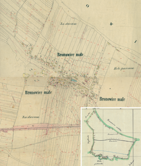 Centrum Bronowic Małych na mapie katastralnej sporządzonej dla gminy katastralnej Bronowice Małe w 1850 roku oraz pochodzący
z lat 1847–1848 plan sytuacyjny z wyrysowanymi granicami gminy Bronowice Małe i lokalizacją gmin sąsiadujących
(Archiwum Narodowe w Krakowie, sygn. K. Krak. 71 I–IV; sygn. WM 562, s. 417)