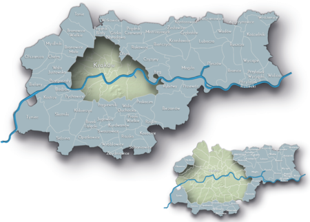 Na planie zakreślającym dzisiejsze granice Krakowa miejscowości przyłączone do Krakowa po 1915 roku,
oznaczone kolorem szarym określającym dla lat 1939–1945 ich przynależność do departamentu krakowskiego okupacyjnego,
niemieckiego Generalnego Gubernatorstwa