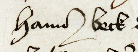 Z księgi przyjęć do prawa miejskiego w Krakowie obejmującej lata 1423–1493 strony 230–231 z wpisem z 1468 roku
stwierdzającym przyjęcie przez Jana Becka prawa miejskiego Krakowa – oraz powiększenie zapisu imienia
(Archiwum Państwowe w Krakowie, sygn. rkps 1421, s. 230–231)