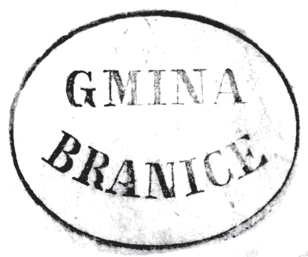 (1860)
Odciski pieczęci urzędowych Branic
z lat 1860, 1906, 1927 i 1949
(Archiwum Narodowe w Krakowie,
sygn. 29/456/195, nlb.; sygn. PUZKr 45,
s. 28; sygn. 29/205/69a, nlb.;
sygn. Gm. Ru. 13, s. 533)