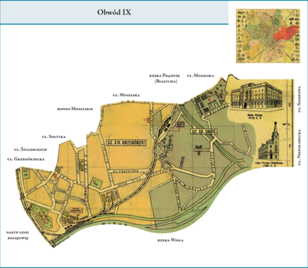 Obwód IX według stanu z listopada 1928 r. na przywołanym wcześniej planie miasta z 1934 r. – w granice tej dzielnicy
administracyjnej, którą stanowił Obwód IX, weszły dzielnice katastralne XIX–Grzegórzki i XX–Dąbie z Beszczem i Głębinowem.
Od zachodu granica Obwodu IX zakreślona była nasypem linii kolejowej do Płaszowa, od południa wyznaczały ją ulice Grzegórzecka,
Śniadeckich, Sołtyka, rondo Mogilskie od strony wylotu al. Powstania Warszawskiego, od wschodu Obwód sięgał granicy miasta
na wysokości ulic Sierpowej, Zajęczej i wylotu ul. Niepołomickiej, natomiast od północy granicę wytyczała rzeka Wisła.
Użyte tutaj i przy powyższym planie dzielnicy nazwy terenowe podano według nazewnictwa obowiązującego aktualnie.