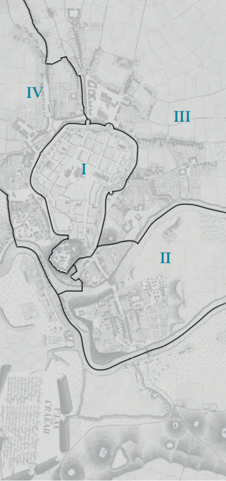 Plan konturowy podziału na miasto i wydziały z lat 1802–1811
na podkładzie planu miasta
przedstawionego w pełnym kształcie na s. 308