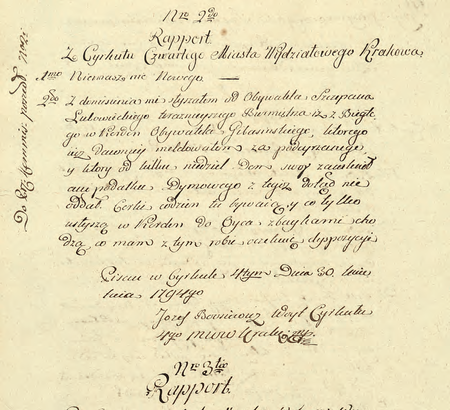 Z dokumentu Księga raportów tygodniowych składanych magistratowi m. Krakowa przez dozorców
cyrkułów krak. w sprawach policyjnych i ze stanu kasy wpisy raportu złożonego bezpośrednio przez wójta
cyrkułowego Józefa Boosiewicza w 1794 r.
(Archiwum Narodowe w Krakowie, sygn. rkps 1301, s. 204)