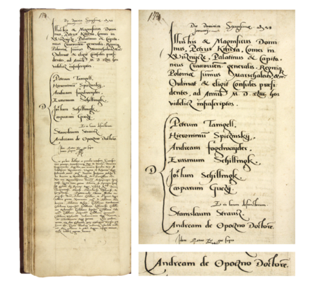 Z księgi radzieckiej obejmującej lata 1542–1545 strona 174 z wykazem rajców urzędujących nominowanych na rok 1543,
wśród których znajduje się Andrzej z Opoczna, czyli Jędrzej Pierzchała – oraz powiększenie zapisu imienia i tytułu naukowego
(Archiwum Państwowe w Krakowie, sygn. rkps 438, s. 174)