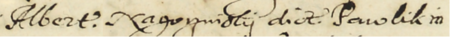 Z księgi miejskiej Kazimierza zawierającej indeks rzeczowy wpisów do kazimierskich ksiąg radzieckich z lat 1530–1603:
fragment kopii wpisu elekcji rady urzędującej na rok 1586; wśród powołanych Wojciech Nagórzyński zwany Pawlik –
zbliżenie zapisu imienia (Archiwum Narodowe w Krakowie, sygn. K 176, s. 208)