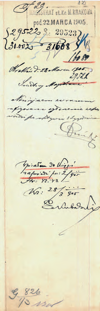Z akt ślubów cywilnych 1896–1910 ogłoszenie zapowiedzi z roku 1905 oraz informacja
komisarza Franciszka Górskiego o wywieszeniu ogłoszenia na tablicy ogłoszeń wraz
z terminami dokonania tych czynności
(Archiwum Narodowe w Krakowie, sygn. Kr 2458, s. 1027, 1030)