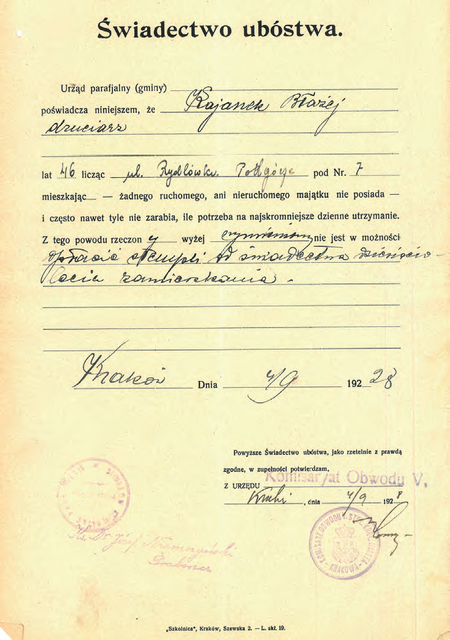 Z akt Obywatelstwo, zapowiedzi, małżeństwa 1934 rok wystawione w 1928 r.
świadectwo ubóstwa poświadczone przez komisarza Karola Domiczka
(Archiwum Narodowe w Krakowie, sygn. Kr 2451, s. 1269)
