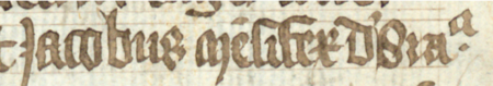 Z księgi radzieckiej Kazimierza obejmującej lata 1416–1433: fragment wpisu dokumentującego wybór rajców na rok 1427,
z Jakubem bartnikiem w składzie – oraz zbliżenie zapisu imienia (Biblioteka Jagiellońska, sygn. rkps 1045/2, k. 165)