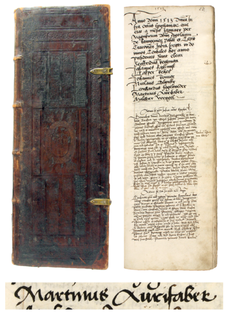 Z księgi radzieckiej obejmującej lata 1512–1526 przód okładziny oraz strona 23 z wpisem dotyczącym wyboru rady
urzędującej na 1513 rok, z Marcinem Marcinkiem złotnikiem (aurifaber) w składzie – oraz powiększenie zapisu imienia
(Archiwum Państwowe w Krakowie, sygn. rkps 432, s. 23)