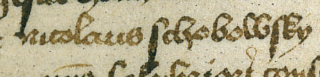 Fragment dokumentu wydanego w 1456 roku w Kleparzu, w którym rajcy kleparscy, wśród nich Mikołaj Schobowski,
zatwierdzają przedstawione im artykuły statutu cechu tkaczy i barchanników kleparskich – zbliżenie zapisu imienia
(Archiwum Narodowe w Krakowie, sygn. perg. 257)