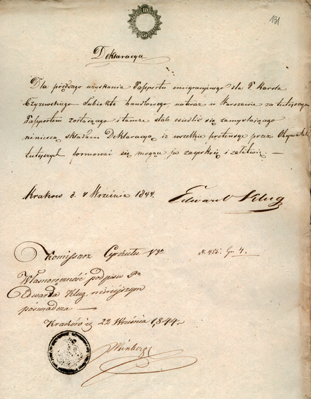 Z akt emigracyjnych Wydziału Spraw Wewnętrznych i Policji dokument z 1844 r.
z poświadczeniem podpisu dokonanym przez komisarza Antoniego Weinbergera
(Archiwum Narodowe w Krakowie, sygn. WMK VI-63, s. 131)