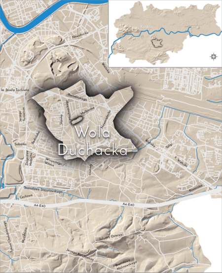Orientacyjna lokalizacja dawnej wsi Wola Duchacka w obecnych granicach Krakowa – na planie miasta oznaczono
jej położenie w kształcie wyznaczonym granicami jednostki katastralnej, jaką stanowiła, ze wskazaniem najstarszego,
historycznego centrum Woli Duchackiej w rejonie dzisiejszej ulicy Malborskiej