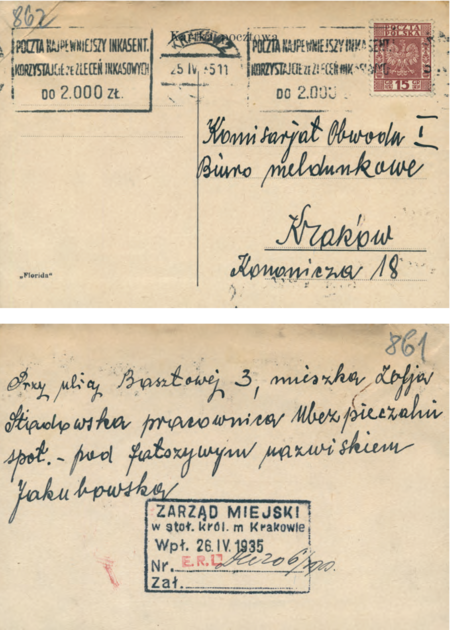 Na anonimowe wsparcie od życzliwych osób każda władza w każdym czasie mogła i nadal może liczyć.
Tutaj ślad obywatelskiej pomocy udzielonej w 1935 r. Biuru Meldunkowemu prowadzonemu przez Miejski
Komisariat Obwodu I
(Archiwum Narodowe w Krakowie, sygn. Kr 5383, s. 861–863)