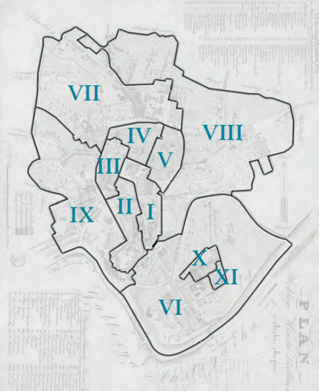 Plan konturowy podziału na gminy miejskie w latach 1816–1838
według stanu na rok 1816 na podkładzie planu miasta
przedstawionego w pełnym kształcie na s. 342