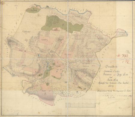 Mapa wsi Bieżanów z Kaimem i Łazami sporządzona przez inżyniera Fiedera w 1784 roku, w dwa lata po przejściu dóbr bieżanowskich,
do tej pory będących własnością kościelną, na rzecz Funduszu Religijnego powołanego przez Austriaków dla finansowania szkolnictwa, szpitali
i nowych parafii; na mapce kolorami zaznaczono własność niektórych gruntów, budynki, lasy, łąki i pastwiska oraz drogi i wody
(Archiwum Narodowe w Krakowie, sygn. Zb. Kart. IV-1)