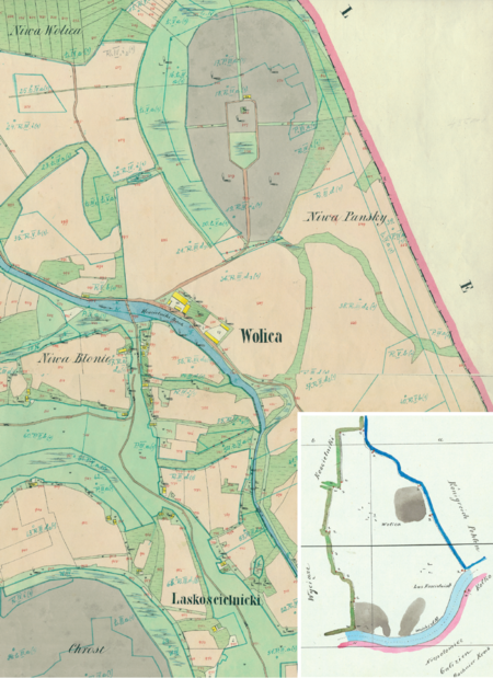Centrum Wolicy na mapie katastralnej sporządzonej dla gminy katastralnej Wolica w 1850 roku oraz pochodzący
z lat 1847–1848 plan sytuacyjny z wyrysowanymi granicami gminy Wolica i lokalizacją gmin sąsiadujących
(Archiwum Narodowe w Krakowie, sygn. K. Krak. 695 I, II, IV; sygn. WM 563a, nlb.)
