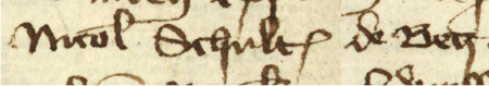 Z księgi ławniczej obejmującej lata 1390–1397 strony 144–145 z wpisem z 1394 roku, stwierdzającym, że Mikołaj Schultis
z Biecza poręczył za Mikołaja Swoba, który zobowiązał się zwrócić w terminie dług w wysokości 32 i pół grzywny denarów –
oraz powiększenie zapisu imienia (Archiwum Państwowe w Krakowie, sygn. rkps 3, s. 144–145)