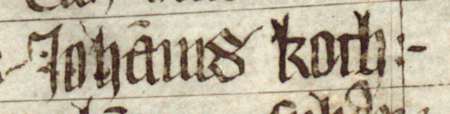 Z księgi radzieckiej Kazimierza obejmującej lata 1402–1416: fragment wpisu
dokumentującego wybór rajców na rok 1412, z Janem Kochem w składzie – zbliżenie zapisu imienia
(Biblioteka Jagiellońska, sygn. rkps 1045/1, k. 237)