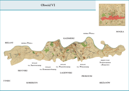 Obwód VI według stanu z roku 1941 na przywołanym wcześniej planie miasta z 1943 r. – prawobrzeżna dzielnica
administracyjna obejmująca w całości dzielnice katastralne IX–Ludwinów, X–Zakrzówek, XI–Dębniki, XXI–Płaszów,
XXII–Podgórze, XXVIII–Pychowice, XXIX–Bodzów, XXX–Kostrze i XLVI–Rybitwy. Do środkowego trzonu Obwodu
z terenami Pogórza, Dębnik, Ludwinowa, Zakrzówka i Płaszowa, który to trzon pozostał bez zmian w porównaniu
z Obwodem VI z poprzedniego podziału wewnętrznego miasta, doszły po stronie zachodniej przyłączone w 1941 r. tereny
Kostrza, Bodzowa i Pychowic, a po stronie wschodniej teren Rybitw. Użyte przy powyższym planie dzielnicy nazwy
terenowe podano według nazewnictwa obowiązującego aktualnie.