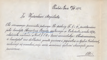 Z akt magistrackich Polowi miejscy – podział rewirów, instrukcja dla polowych, wykazy polowych w gminach
miejskich 1910–1917 dokument pochodzący z roku 1912, w którym zastępca komisarza Obwodu IV dla dzielnic
katastralnych IX, X i XI Tomasz Mól przedstawia kandydata na posadę sezonowego pomocnika polowego
(Archiwum Narodowe w Krakowie, sygn. Kr 6860, nlb)