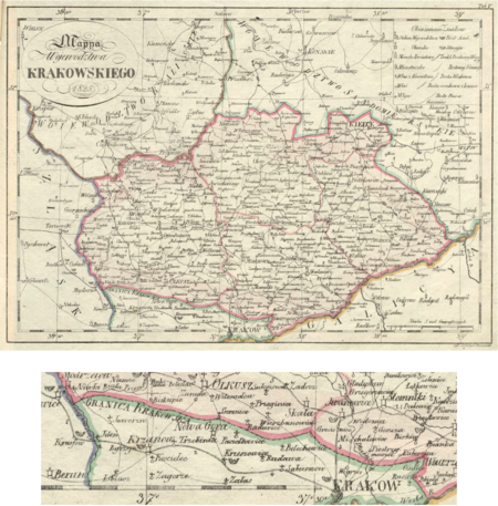 Pochodząca z 1825 roku Mappa Województwa Krakowskiego rytowana przez Seweryna Oleszczyńskiego przedstawiająca stan ustalony
na kongresie wiedeńskim w 1815 roku, po upadku Księstwa Warszawskiego – w wyniku traktatu kongresowego terytorium Księstwa zostało
rozparcelowane między trzech zaborców, utworzono też państwo-miasto Rzeczpospolitą Krakowską. Województwo krakowskie w całości
położone było w Królestwie Polskim, to znaczy poza Krakowem i zasadniczą częścią tradycyjnej ziemi krakowskiej. Stolicą ówczesnego
województwa krakowskiego był Miechów, następnie Kielce. W roku 1837 roku województwo to zastąpione zostało gubernią krakowską
ze stolicą w Kielcach, przemianowaną w 1841 roku na gubernię kielecką. Na powiększonym fragmencie mapy widoczny przebieg granicy
między Rzecząpospolitą Krakowską a Królestwem Polskim – po lewej stronie Wisły wszystkie wsie później przyłączone do Krakowa
znajdowały się w granicach państwa-miasta; vide także podpis do mapy na poprzedniej stronie
(Biblioteka Uniwersytetu Wileńskiego, zbiory Lelewela, sygn. M 114, tabl. V)