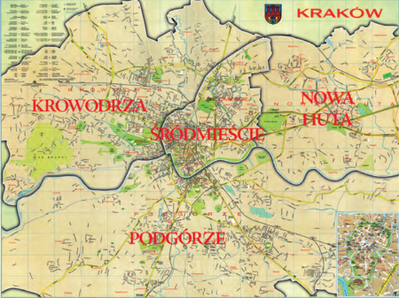 Podział Krakowa na 4 dzielnice według stanu z roku 1973 –
na planie miasta wydanym w 1979 r. Podstawa rysunku granic dzielnic: vide s. 221
(ze zbiorów prywatnych)