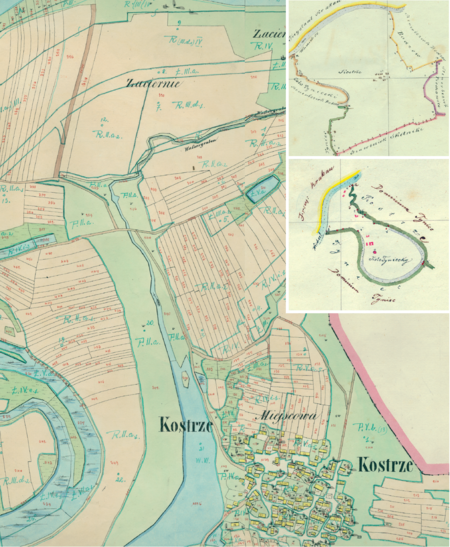 Centrum Kostrza na mapie katastralnej sporządzonej dla gminy katastralnej Kostrze w 1849 roku oraz pochodzące z 1843 roku plany sytuacyjne
z wyrysowanymi granicami gminy Kostrze i przynależnej do niej, choć okresowo samodzielnej, wsi Koło Tynieckie – wraz z lokalizacją gmin sąsiadujących
(Archiwum Narodowe w Krakowie, sygn. K. Krak. 260 I, II; sygn. K. Krak. op. 68, pl. 1–2)
