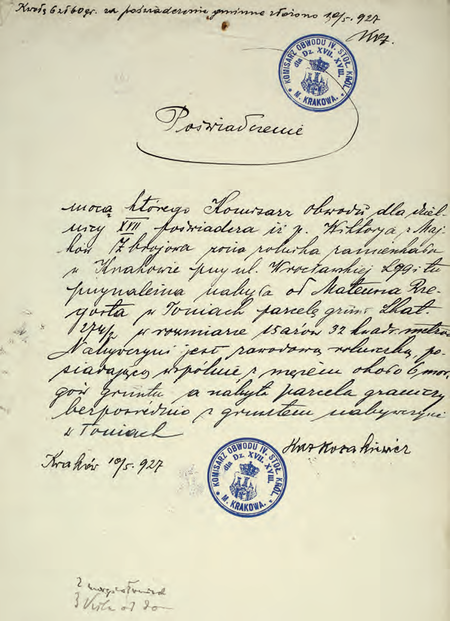 Z akt Państwowego Urzędu Ziemskiego Krakowskiego Sprawy rustykalne głównie zezwolenia
na przewłaszczenie gruntów poświadczenie wydane w 1927 r. przez komisarza Kazimierza Kozakiewicza
(Archiwum Narodowe w Krakowie, sygn. PUZKr 59, nlb)